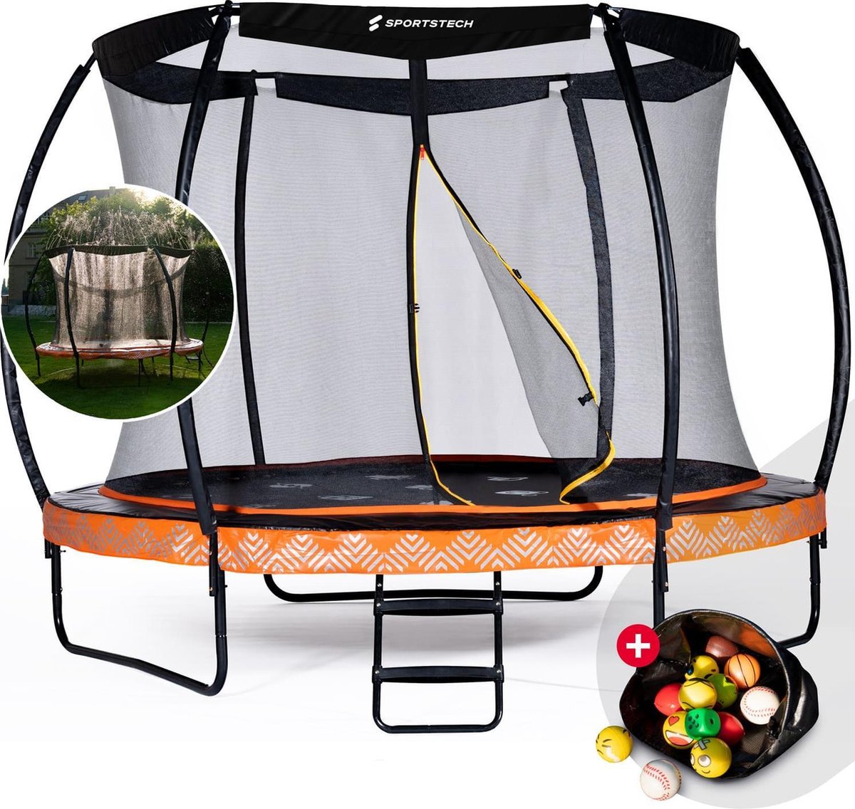 SPORTSTECH HTX500 trampoline outdoor Ø 244/305 cm | Kindertrampoline tuin | tot 110/120 kg + veiligheidsnet | Outdoor speelgoed met coole springmat & watersproeier | Complete set voor buiten